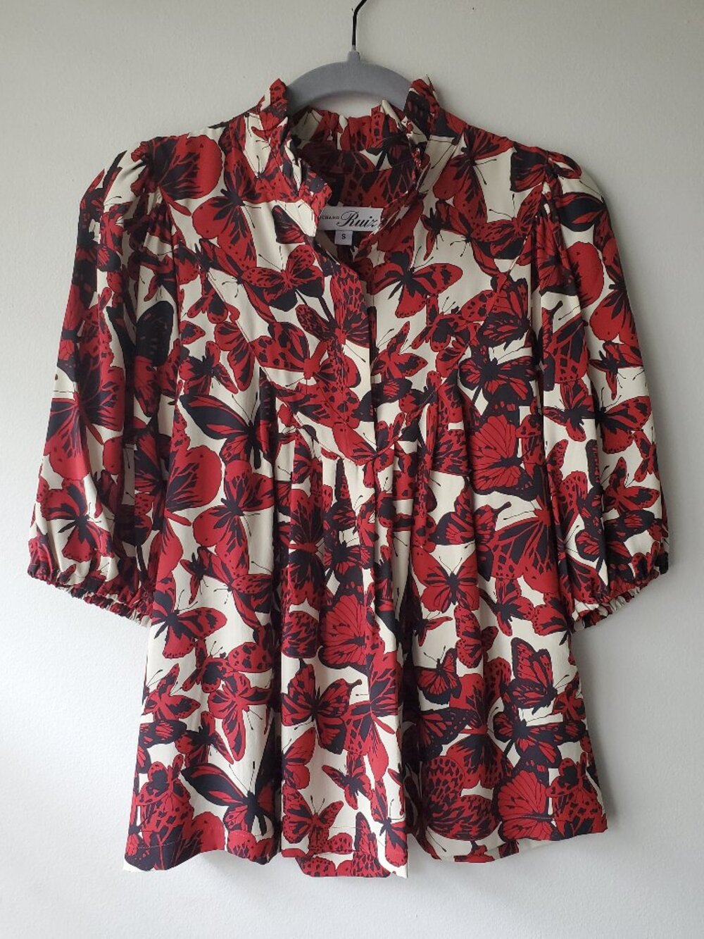 NEW Richard Ruiz 100% Silk Butterfly Print Boho Puff Sleeve Blouse S Made in US